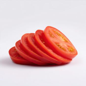 A stack of ripe, red tomato slices arranged in a fanned pattern, isolated on a clean white background for culinary use photo