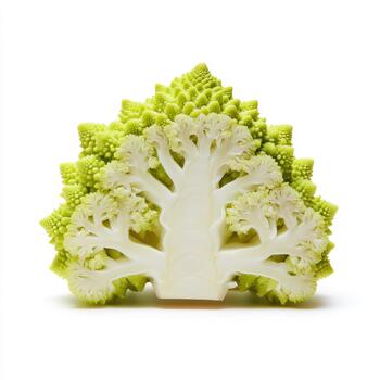A crosssection of a romanesco broccoli, showcasing its fractal patterns and unique geometric structure, isolated on white background photo