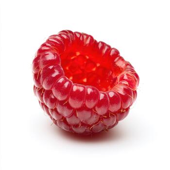 Closeup of a single, juicy raspberry isolated on white background, highlighting its detailed structure and bright red color photo