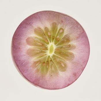 A crosssection of a purple grape, displaying its starlike pattern of seeds and flesh, isolated on a light background photo
