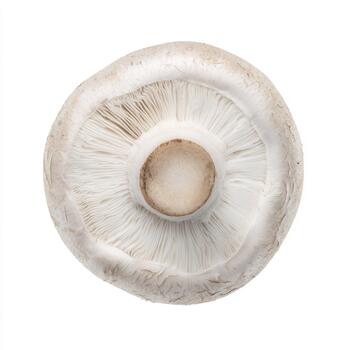 Underside view of a large white button mushroom, highlighting its delicate gills and stem, isolated on white background photo
