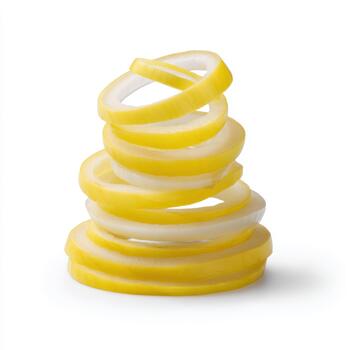 A spiral stack of thinly sliced lemon peel rings isolated on white background, creating a unique pattern photo