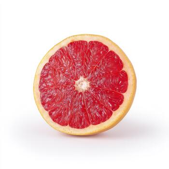 Closeup view of a juicy grapefruit slice with its segmented pink pulp and textured rind, isolated on white background photo