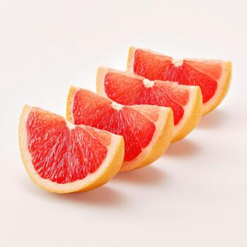 Four juicy grapefruit slices arranged in a diagonal line on a plain background, showcasing their vibrant color and texture photo