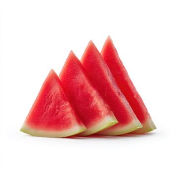 Four triangular watermelon slices lined up in a row, isolated on white background, displaying their juicy texture and refreshing appeal photo