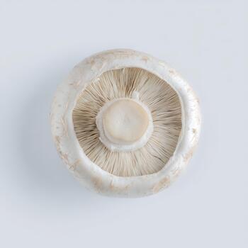 Top view of a single white button mushroom showing its gills and stem, isolated on white background photo