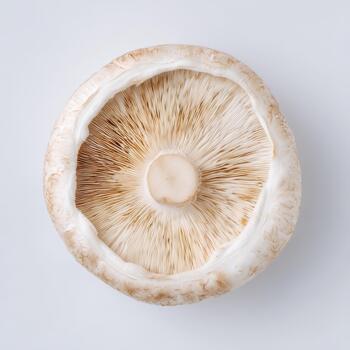 Top view of a shiitake mushroom showing its gills and stem, isolated on white background photo