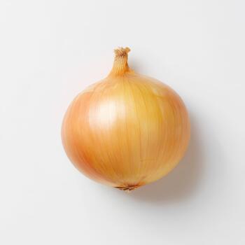 De arriba hacia abajo ver de un soltero, redondo amarillo cebolla con un seco, como el papel exterior capa, aislado en contra un suave, ligero gris antecedentes foto
