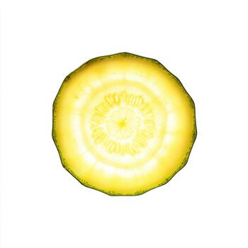 Overhead view of a bright yellow cucumber slice isolated on white background, revealing its inner texture and seed pattern photo
