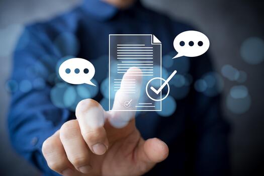 Digital document approval concept with online communication and checklist verification for business process photo