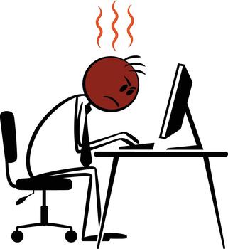 Frustrated stick figure working on computer with heat waves angry vector