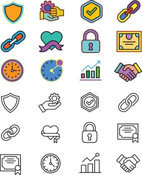 Colorful and monochrome icons representing security trust and progress shield gear vector