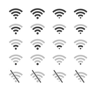 Set of Wi Fi signal strength icons, from full to no signal, representing wireless connection status and connectivity vector