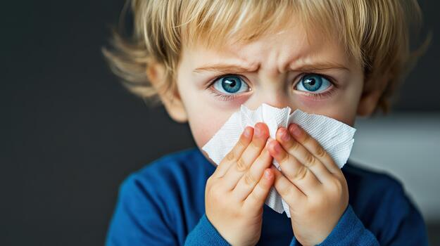 A young boy is holding a tissue to her face, possibly because she has a cold. Concept of discomfort and vulnerability, as the girl is struggling to breathe and is clearly in need of help photo