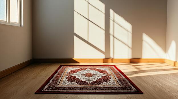 A room with a red carpet and a window photo