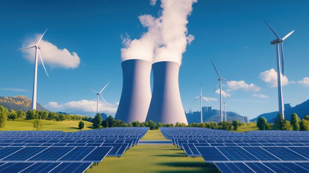 A large power plant with several wind turbines in the background. The sky is blue with a few clouds photo
