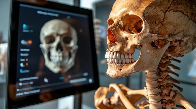 A skeleton is standing in front of a computer monitor with a skull on the screen. photo