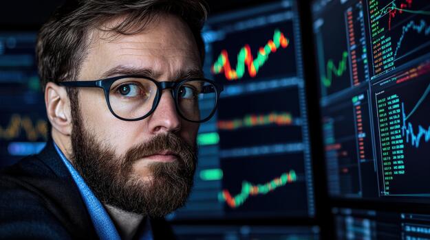 A man with glasses is staring at a computer screen with multiple graphs photo