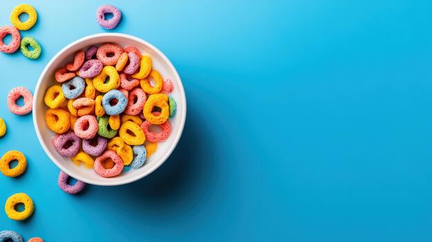 A bowl of colorful cereal is on a blue background photo
