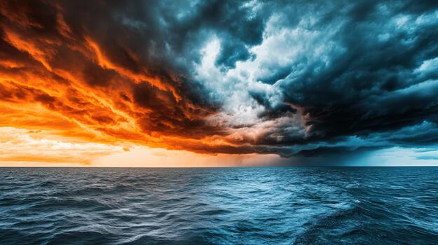 A stormy sky with dark clouds and a large body of water. Scene is ominous and foreboding photo