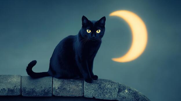 A black cat is sitting on a ledge next to a full moon photo
