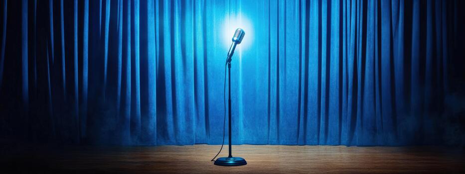 a blue curtain with a spotlight in front of it photo