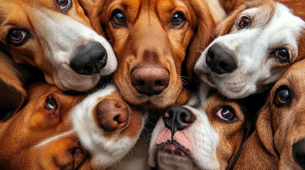 A group of dogs are standing close together, with their noses touching. The dogs are of different breeds and sizes, but they all have the same look of excitement and happiness photo