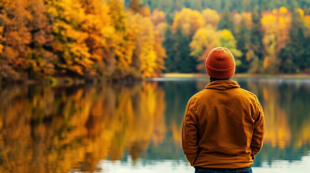 man standing by the water looking at autumn trees photo