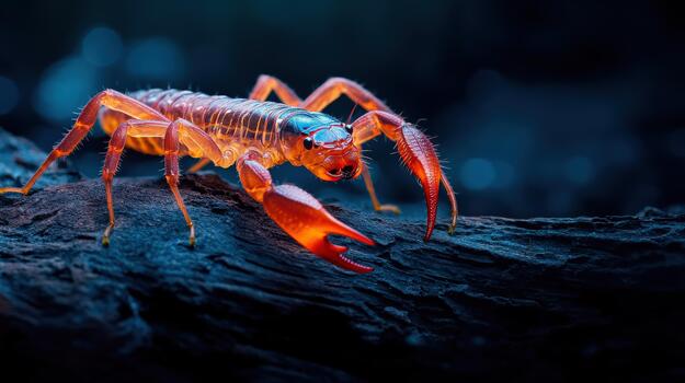A large red crab is on a dark wood surface photo