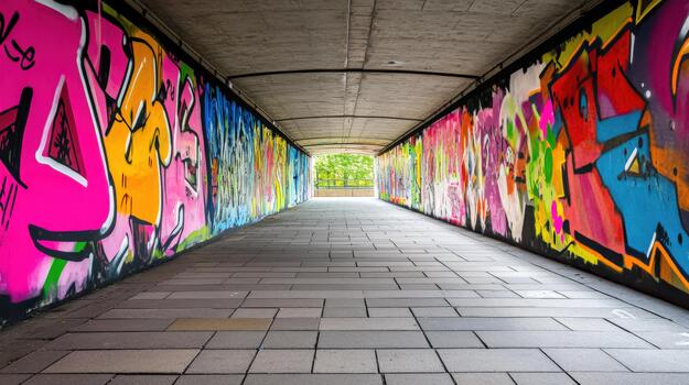 A graffiti-covered tunnel with a blue light shining down on it. The tunnel is long and narrow, with graffiti covering the walls. The blue light casts a surreal glow on the graffiti photo