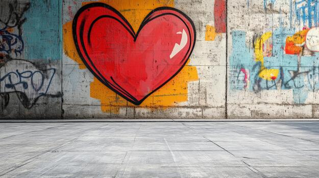 A heart painted on a wall with graffiti surrounding it photo