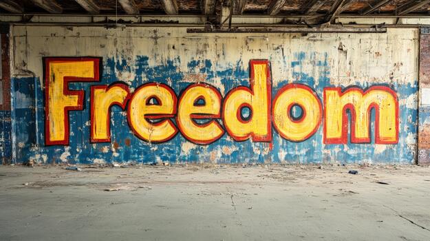 A wall with the word freedom written on it. The wall is covered in graffiti and he is in a run down area photo