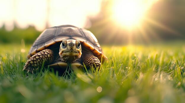 A small brown and yellow turtle is laying on the grass. The turtle is looking up at the camera photo