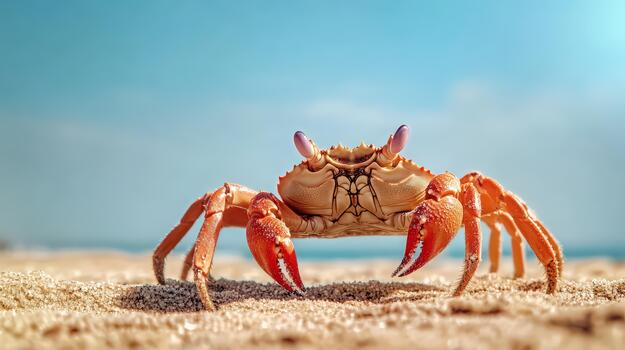 A crab is standing on the beach, looking at the camera photo