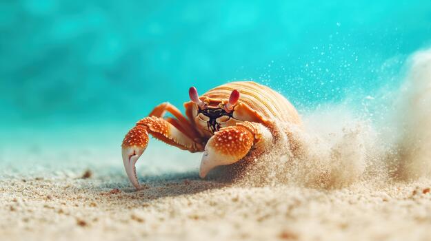 a crab walking on the sand with sand blowing in the background photo