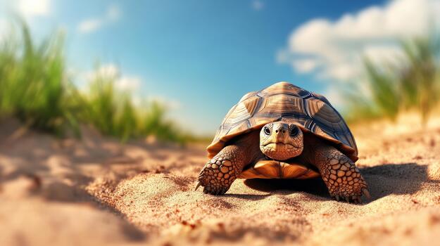 a tortoise walking on the sand in front of a blue sky photo