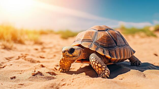 A turtle is walking on the sand. The sun is shining brightly, making the turtle look like it's glowing photo