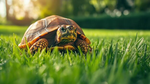 A small brown and yellow turtle is laying on the grass photo