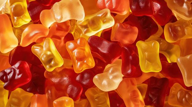 A bunch of gummy bears in various colors, including red, yellow, and orange photo