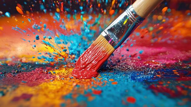 a paint brush is splattered with colorful paint photo