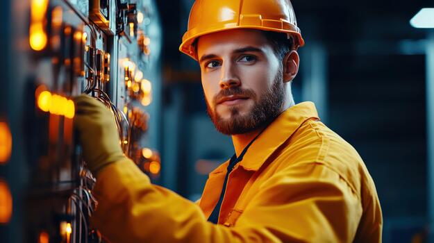 a man in an orange hard hat and yellow safety vest is standing in front of a control panel photo