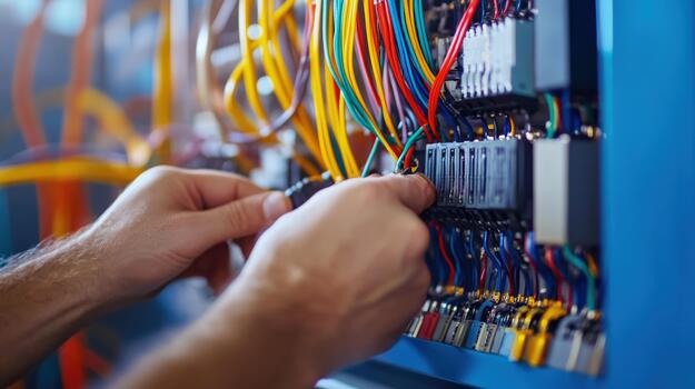 A person is working on a computer network with a green and red wire photo
