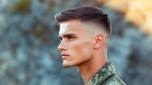 A man with a shaved head and military uniform photo