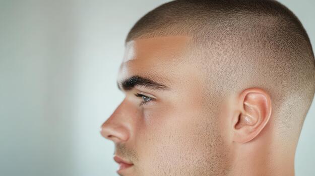 a man with a shaved head looking off to the side photo
