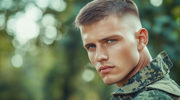 A man with a shaved head and a military uniform photo