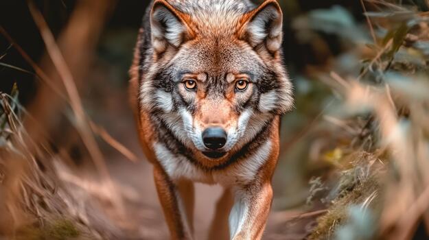 A wolf is staring at the camera with its mouth open. The image has a moody and mysterious feel to it, as the wolf is partially hidden by the grass and the camera is positioned to capture its face photo