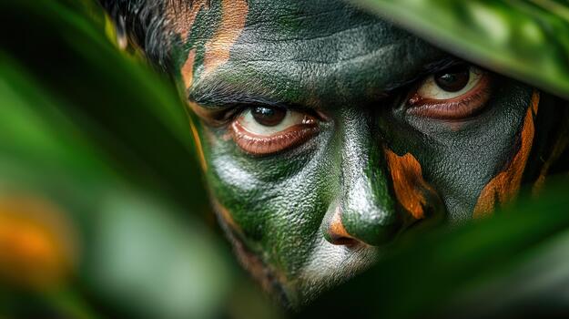 A man with green and yellow face paint is looking at the camera photo