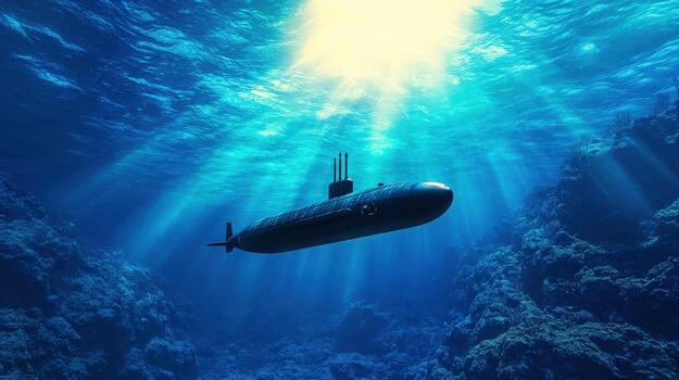 submarine in the ocean with sunlight shining down photo