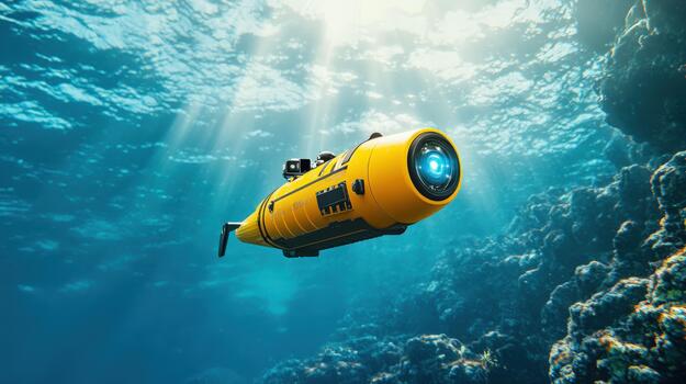 a yellow underwater camera is floating in the ocean photo