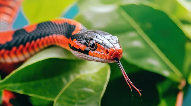 A red and black snake is on a leaf photo